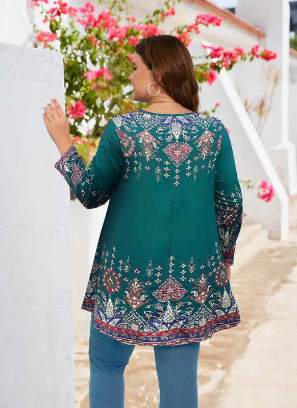 Women's Plus Size Teal & Blue Floral Tunic Top – 3/4 Sleeve Swing Flare Blouse