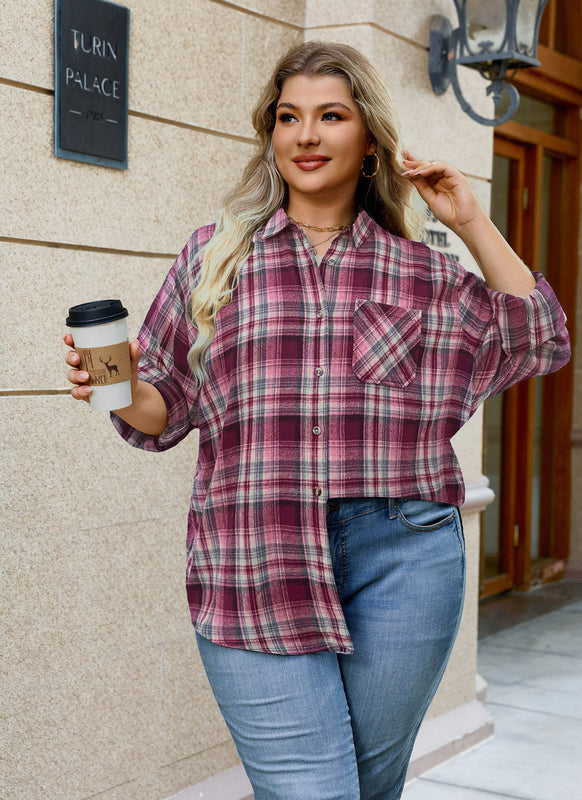 Women's Plus Size Wine Red Plaid Flannel Shirt | Long Sleeve Button Down
