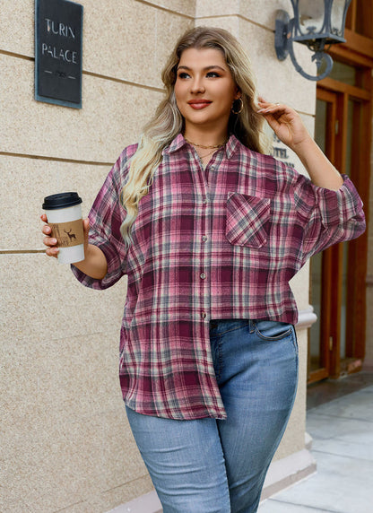 Women's Plus Size Wine Red Plaid Flannel Shirt | Long Sleeve Button Down