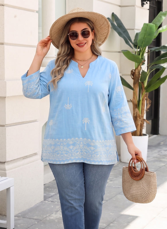 Women's Plus Size Light Blue Embroidered Tropical Tunic Top | 3/4 Sleeve