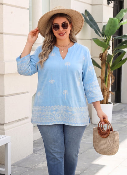 Women's Plus Size Light Blue Embroidered Tropical Tunic Top | 3/4 Sleeve