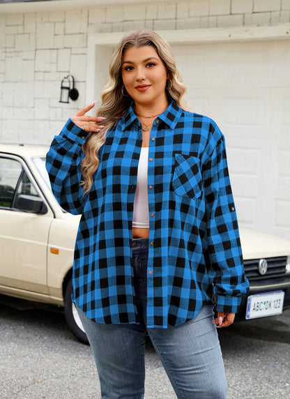 Women's Plus Size Royal Blue Plaid Flannel Shirt | Long Sleeve Button Down