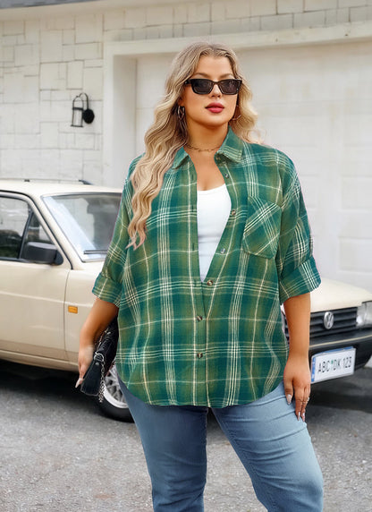 Women's Plus Size Sage Green Plaid Flannel Shirt | Long Sleeve Button Down
