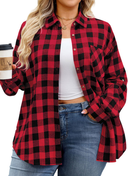 Women's Plus Size Red Plaid Flannel Shirt – Long Sleeve Button Down Boyfriend Blouse