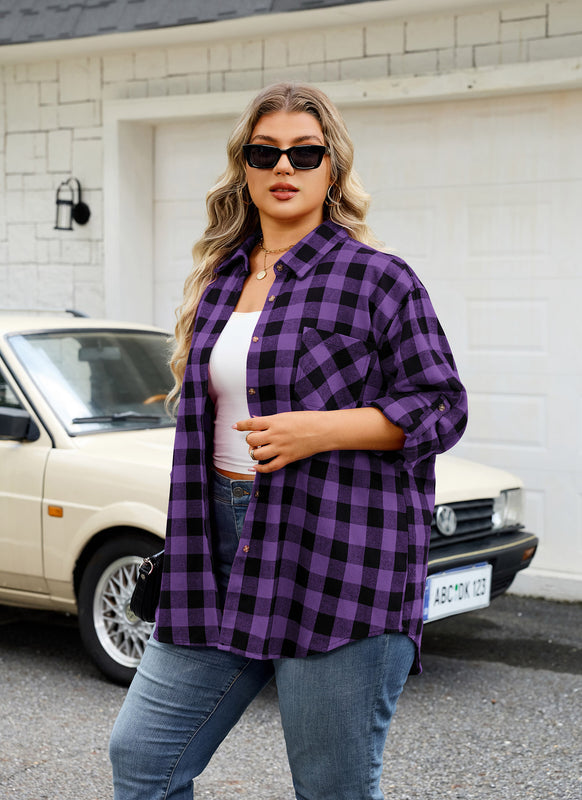 Women's Plus Size Purple Plaid Flannel Shirt | Long Sleeve Button Down
