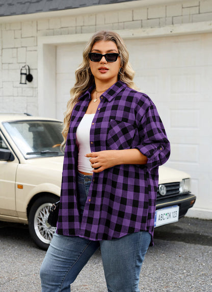 Women's Plus Size Purple Plaid Flannel Shirt | Long Sleeve Button Down