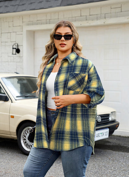 Women's Plus Size Yellow Plaid Flannel Shirt | Long Sleeve Button Down