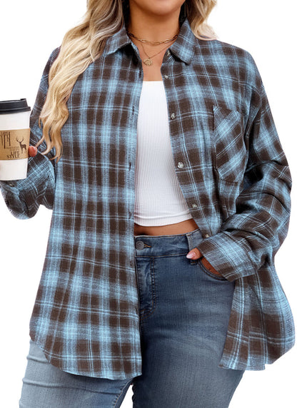 Women's Plus Size Brown Blue Plaid Flannel Shirt | Long Sleeve Button Down