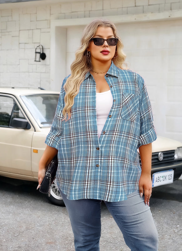 Women's Plus Size Sky Blue Plaid Flannel Shirt | Long Sleeve Button Down
