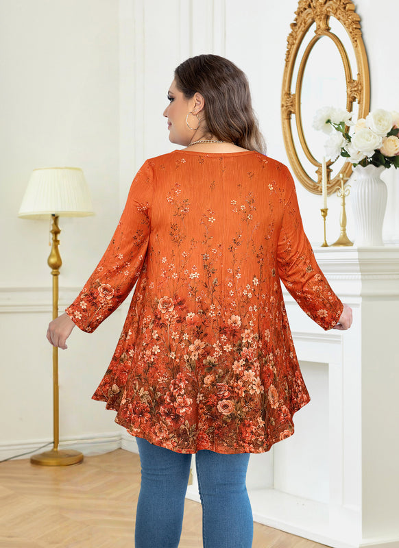 Women's Orange & Black Plus Size Tunic Top – 3/4 Sleeve Flowy Blouse