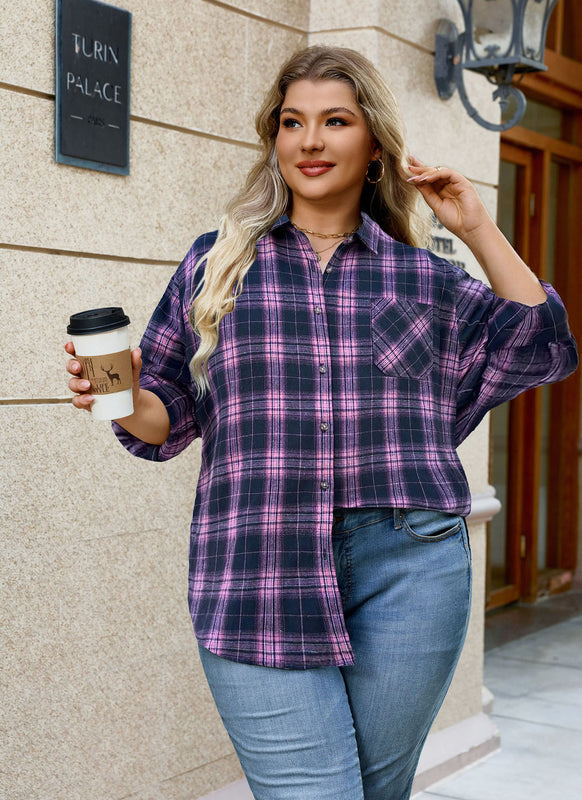 Women's Plus Size Pink Navy Plaid Flannel Shirt | Long Sleeve Button Down