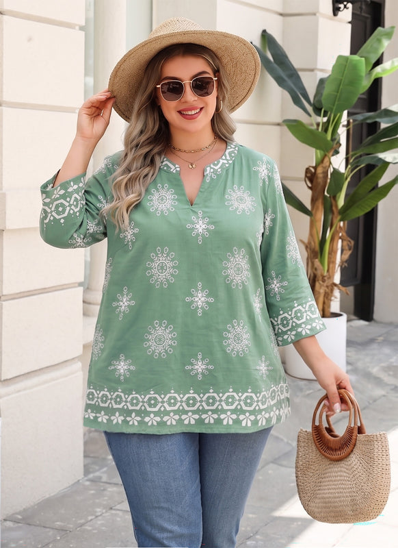 Women's Plus Size Sage Green Boho Medallion Tunic Top | 3/4 Sleeve