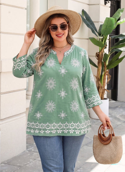 Women's Plus Size Sage Green Boho Medallion Tunic Top | 3/4 Sleeve