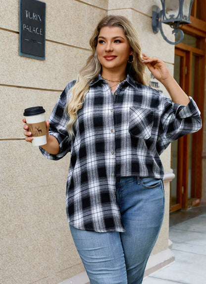 Women's Plus Size Black White Plaid Flannel Shirt | Long Sleeve Button Down