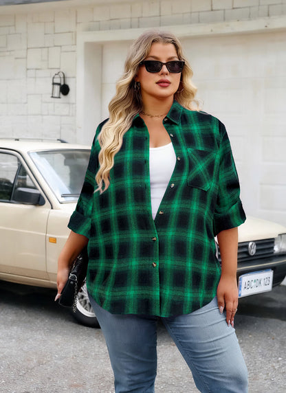 Women's Plus Size Green Plaid Flannel Shirt | Long Sleeve Button Down