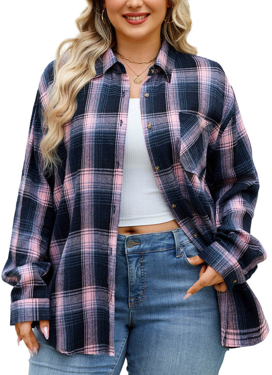 Women's Plus Size Navy Pink Plaid Flannel Shirt | Long Sleeve Button Down