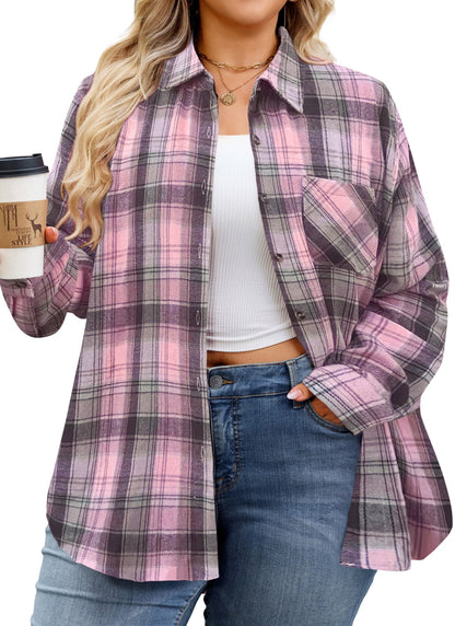 Women's Plus Size Light Pink Plaid Flannel Shirt | Long Sleeve Button Down