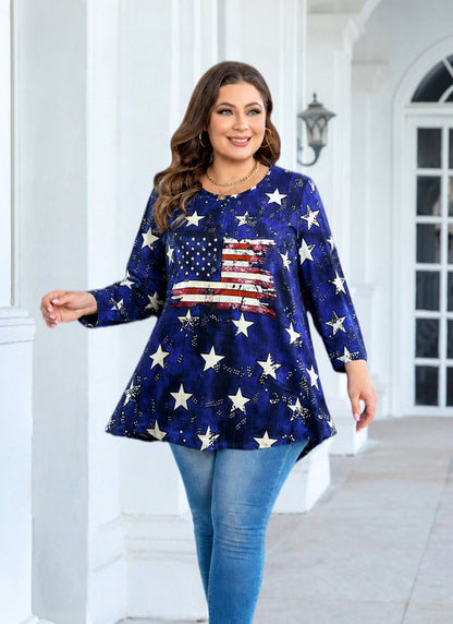 Women's Plus Size American Flag Patriotic Tunic Top – 3/4 Sleeve Stars & Stripes Blouse
