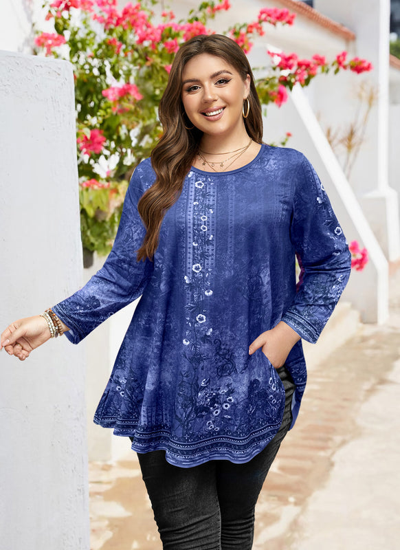 Women's Plus Size Navy Blue Boho Floral Tunic Top – 3/4 Sleeve Vintage Embroidery Print Blouse