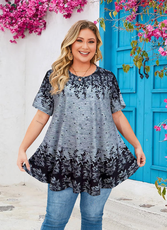 Women's Plus Size Grey Solid Tunic Top – Short Sleeve Swing Blouse