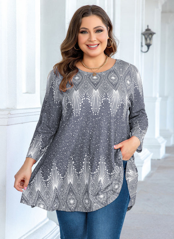 Women's Plus Size Grey Art Deco Print Tunic Top – 3/4 Sleeve Swing Blouse with Pockets