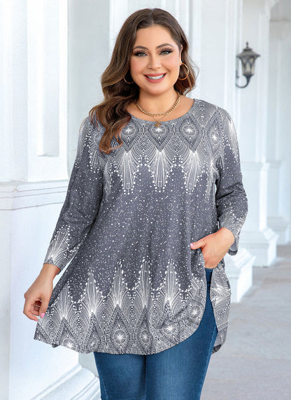Women's Plus Size Grey Art Deco Print Tunic Top – 3/4 Sleeve Swing Blouse with Pockets