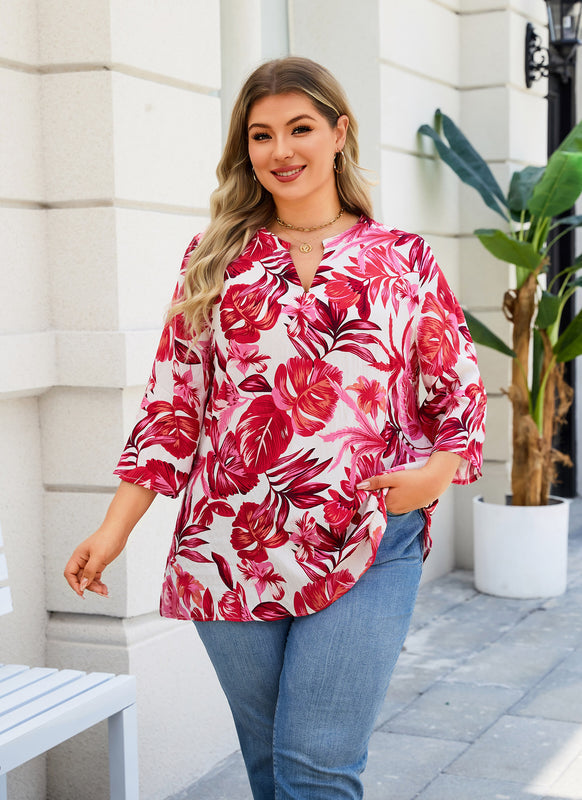 Women's Plus Size Pink Tropical Floral Tunic Top | 3/4 Flutter Sleeve