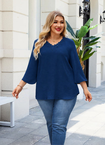 Women's Plus Size Navy Blue Floral Trim V-Neck Blouse | 3/4 Sleeve Tunic Top