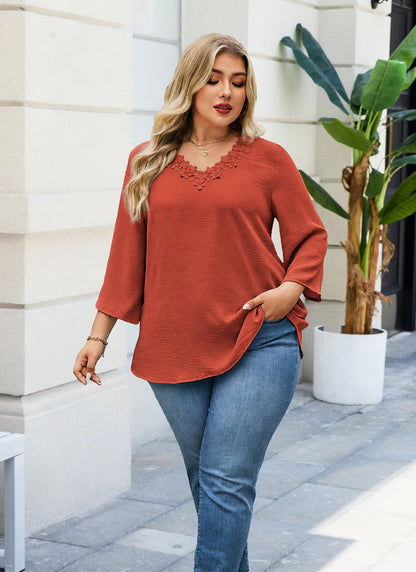 Women's Plus Size Burnt Orange Floral Trim V-Neck Blouse | 3/4 Sleeve Tunic Top
