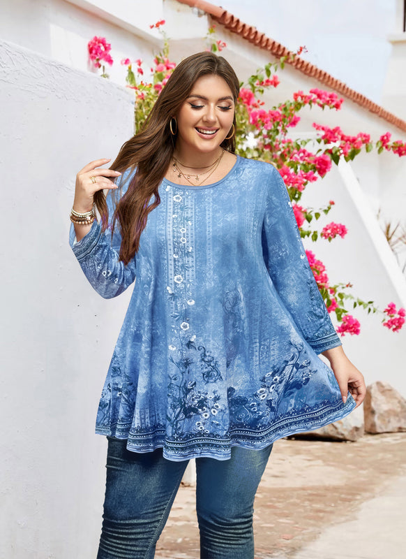 Women's Light Blue Plus Size Swing Tunic Top – 3/4 Sleeve Flowy Blouse