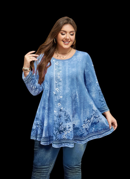 Women's Light Blue Plus Size Swing Tunic Top – 3/4 Sleeve Flowy Blouse