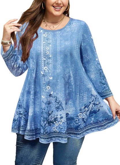 Women's Light Blue Plus Size Swing Tunic Top – 3/4 Sleeve Flowy Blouse