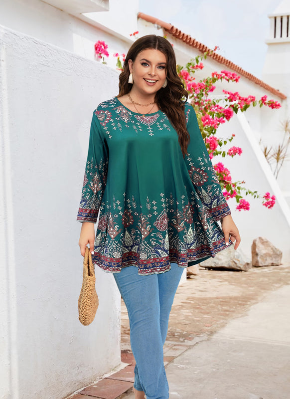 Women's Plus Size Teal & Blue Floral Tunic Top – 3/4 Sleeve Swing Flare Blouse