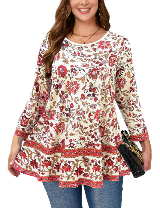 Women's Plus Size Red Boho Floral Tunic Top – 3/4 Sleeve Ruffle Hem Blouse