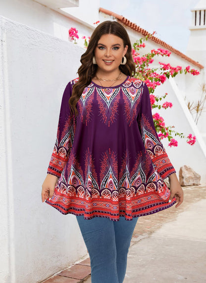 Women's Plus Size Orange & Purple Floral Tunic Top – 3/4 Sleeve Swing Flare Blouse