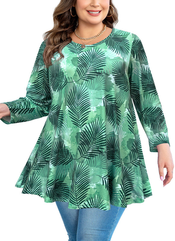 Women's Plus Size Tropical Palm Leaf Print Tunic Top – 3/4 Sleeve Ruffle Hem Blouse