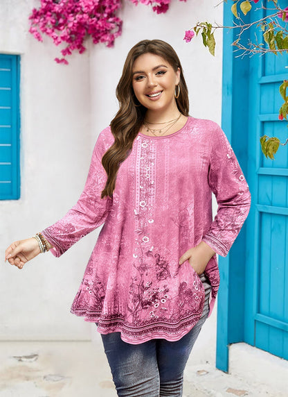 Women's Plus Size Pink Boho Floral Tunic Top – 3/4 Sleeve Vintage Embroidery Print Blouse