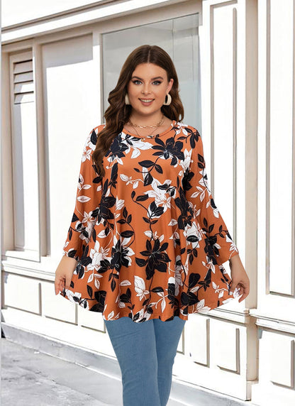 Women's Plus Size Burnt Orange Floral Tunic Top – 3/4 Sleeve Swing Flare Blouse