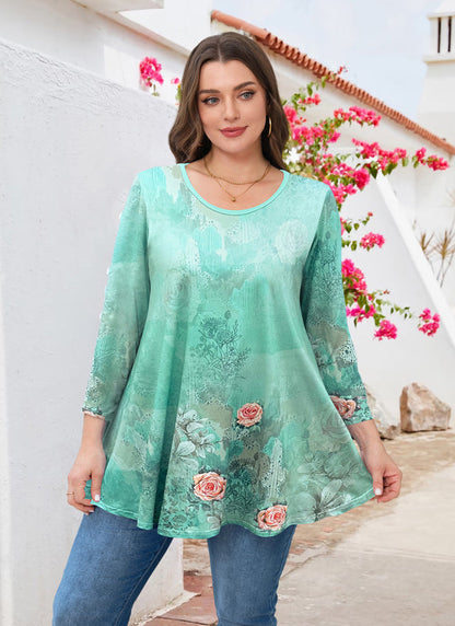 Women's Plus Size Tunic Top | 3/4 Sleeve Blue Floral Print Swing Flare Blouse