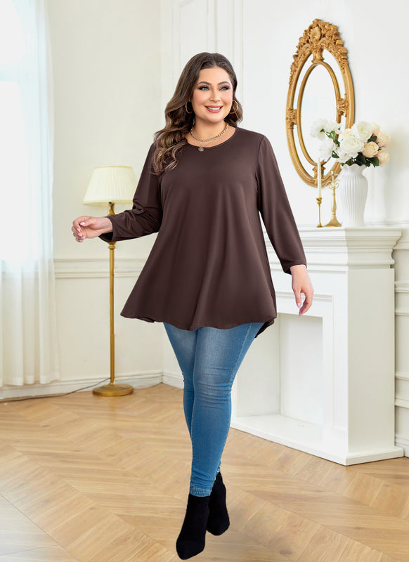 Women's Plus Size Tunic Top | 3/4 Sleeve Brown Swing Flare Blouse for Leggings S-7XL
