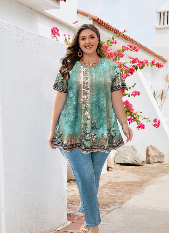 Women's Plus Size Floral Tunic Top – Short Sleeve, Flowy Swing Blouse to Wear with Leggings