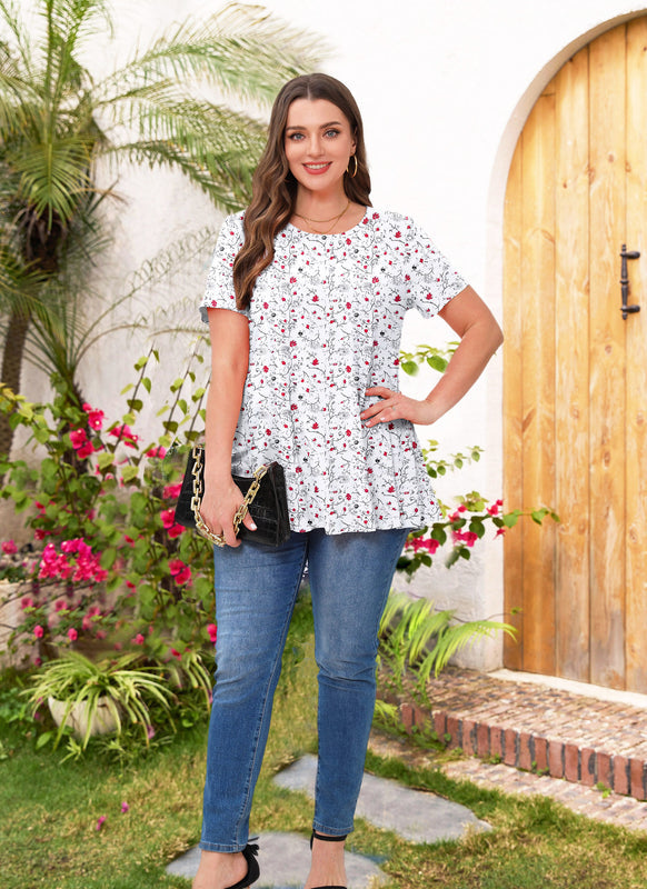 Women's Plus Size White Floral Tunic Top – Short Sleeve, Flowy Swing Blouse to Wear with Leggings