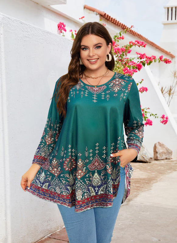 Women's Plus Size Teal & Blue Floral Tunic Top – 3/4 Sleeve Swing Flare Blouse