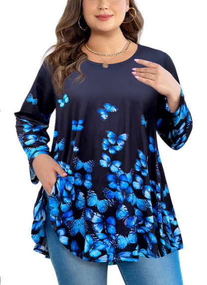 Women's Plus Size Black Blue Butterfly Tunic Top – 3/4 Sleeve Swing Flare Blouse