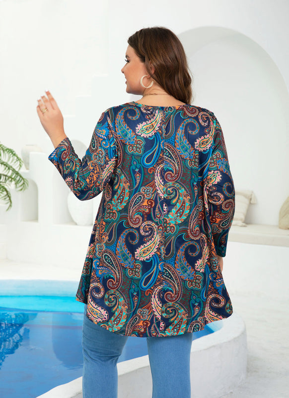 Women's Plus Size Navy Paisley Print Tunic Top | 3/4 Sleeve Swing Blouse with Pockets, Hi-Low Hem, Wear with Leggings – S to 6XL