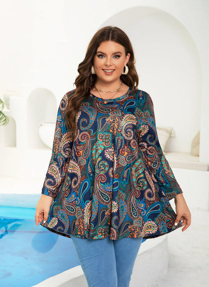 Women's Plus Size Navy Paisley Print Tunic Top | 3/4 Sleeve Swing Blouse with Pockets, Hi-Low Hem, Wear with Leggings – S to 6XL