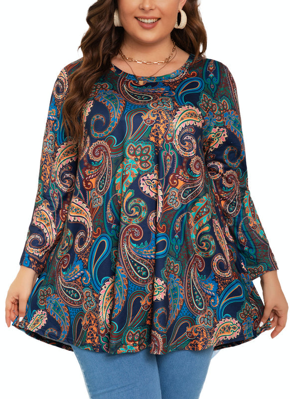 Women's Plus Size Navy Paisley Print Tunic Top | 3/4 Sleeve Swing Blouse with Pockets, Hi-Low Hem, Wear with Leggings – S to 6XL