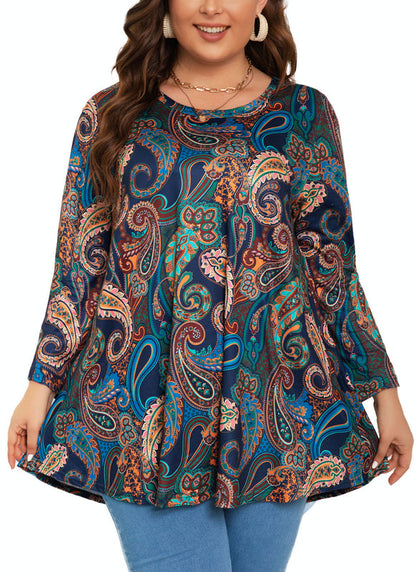 Women's Plus Size Navy Paisley Print Tunic Top | 3/4 Sleeve Swing Blouse with Pockets, Hi-Low Hem, Wear with Leggings – S to 6XL