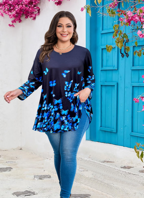 Women's Plus Size Black Blue Butterfly Tunic Top – 3/4 Sleeve Swing Flare Blouse