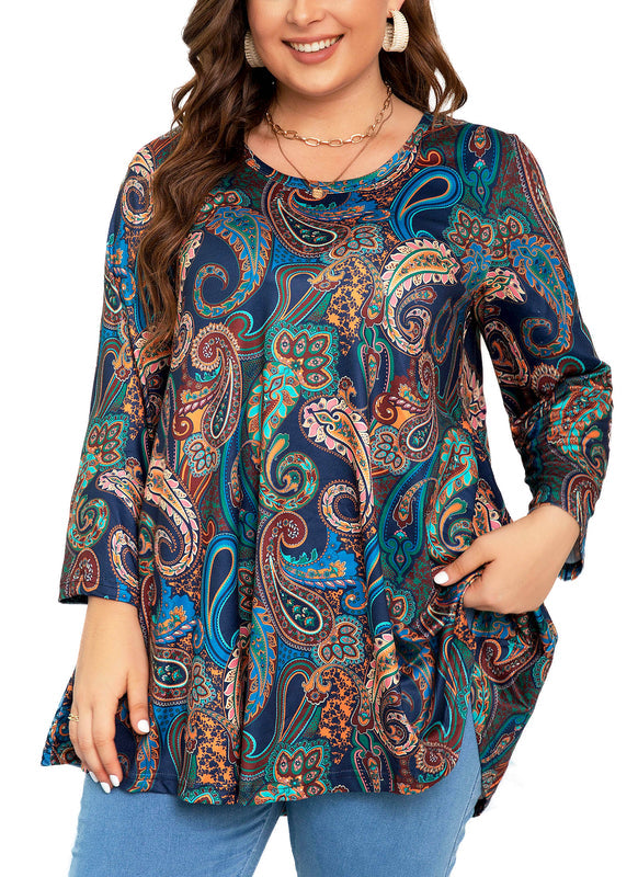 Women's Plus Size Navy Paisley Print Tunic Top | 3/4 Sleeve Swing Blouse with Pockets, Hi-Low Hem, Wear with Leggings – S to 6XL
